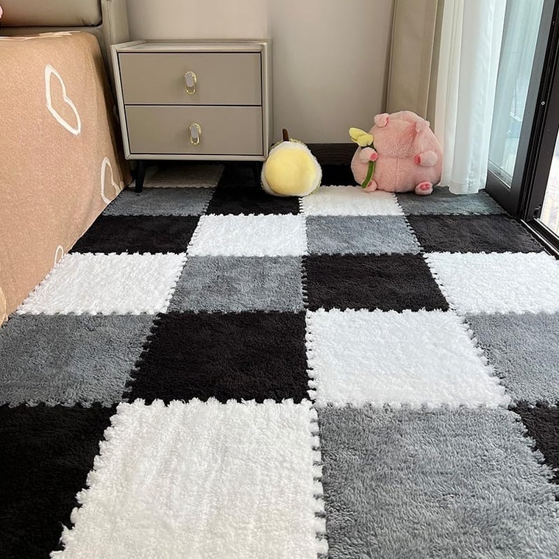 BXEBUI 12pcs Carpet Squares Puzzle Floor Mat, Plush Interlocking Carpet Tiles, Anti Slip EVA Foam Jigsaw Floor Tiles, Build A Safe Area for Bedroom Playroom (White+Grey+Black) - Image 1